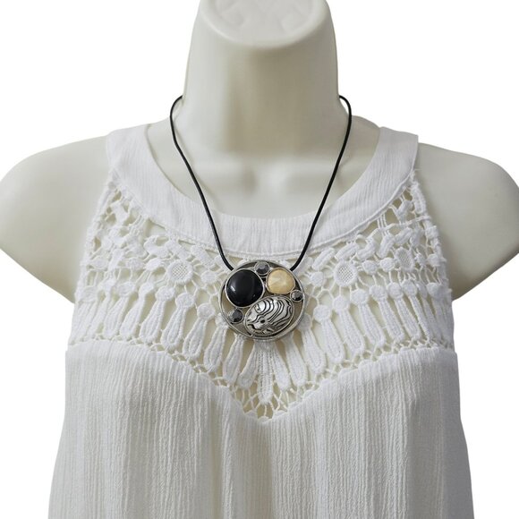 Chico’s Silver Tone Statement Necklace Mixed Cabochon Pendant on Black Cord - Picture 1 of 8